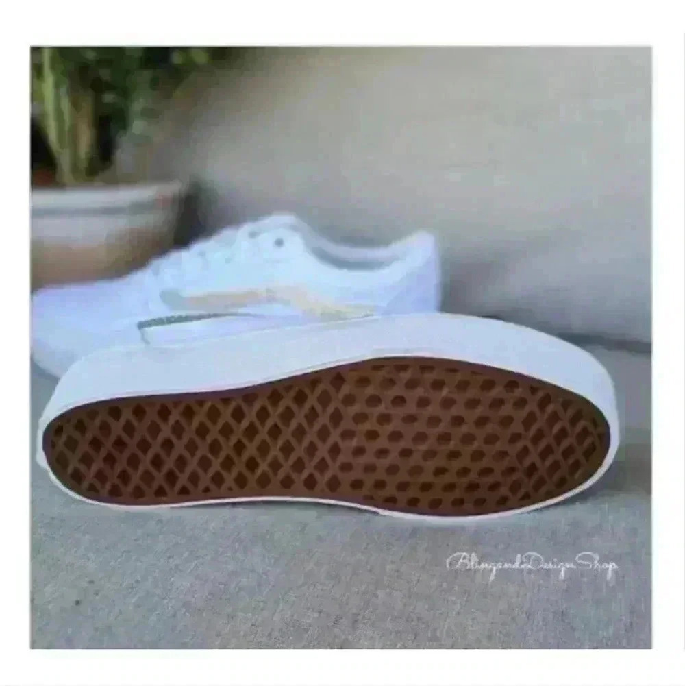 Vans Platform Old Skool White Sneakers Shoes Customized with Swarovski Crystals - Picture 5 of 9